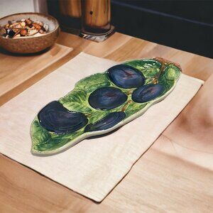 Vintage Italian Pottery Majolica Hand Painted Olive Dish Purple Plums Platter